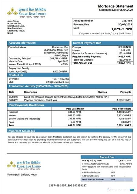 Download Nepal Kumari Bank mortgage statement Word and PDF template Photoshop template